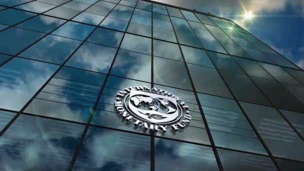 ワシントンDc 2023年3月10日 国際通貨基金の本部ガラス建物は タイムラプスの概念をループさせました 国際通貨基金 Imf 国連金融機関のロゴが正面に3Dシームレスループ可能 — ストック動画