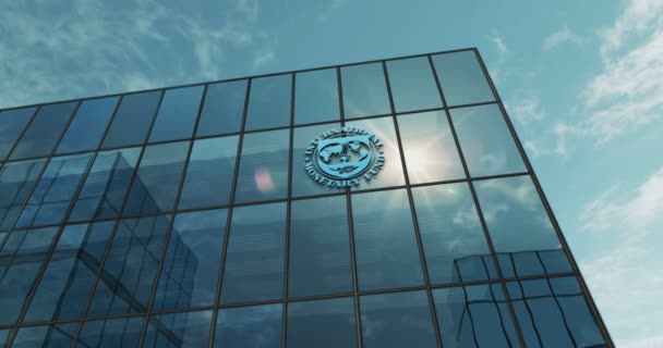 ワシントンD 2023年3月10日 国際通貨基金の本部ガラスの建物の概念 国際通貨基金 Imf 国連金融機関のシンボルが正面3Dに — ストック動画