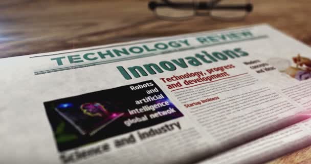 Innovación Ciencia Creativa Desarrollo Tecnológico Periódico Diario Sobre Mesa Titulares — Vídeo de stock
