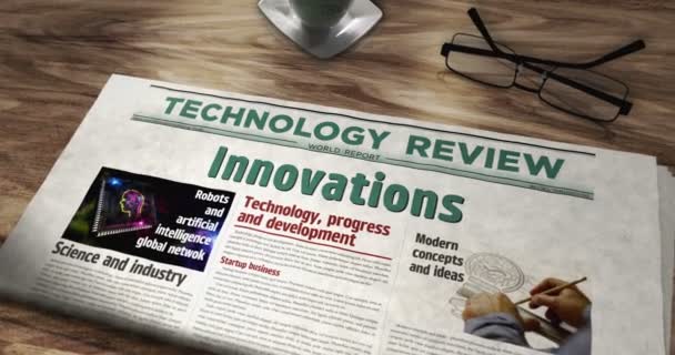 Innovación Ciencia Creativa Desarrollo Tecnológico Periódico Diario Sobre Mesa Titulares — Vídeos de Stock