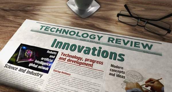 创新创意科技发展日报面市 头条新闻摘要概念3D图解 — 图库照片