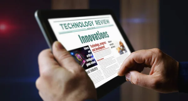 혁신적 신문은 모바일 태블릿 컴퓨터 화면에서 수있습니다 뉴스의 추상적 삽화로 — 스톡 사진