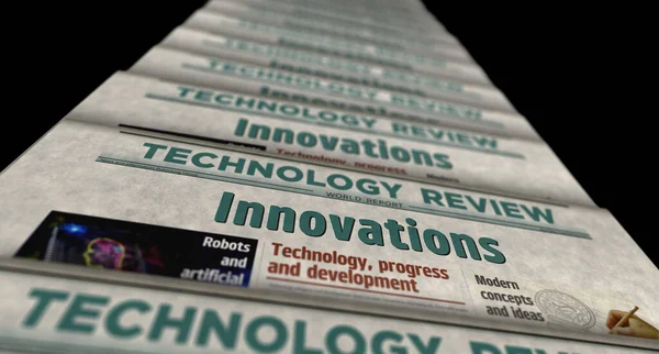 Innovatie Creatieve Wetenschap Technologische Ontwikkeling Vintage Nieuws Kranten Drukken Abstract — Stockfoto