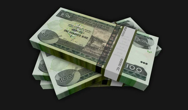 エチオピアのお金エチオピアバールお金パック3Dイラスト 100 Etbバンクノートバンドルスタック 経済危機 ビジネスの成功 負債の概念 — ストック写真
