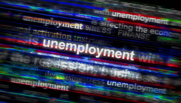 失業の危機と仕事のストレスの少ない見出しニュースは 国際メディア全体で ノイズディスプレイ上のニュースタイトルの抽象概念 Tvグリッチ効果3Dイラスト — ストック写真