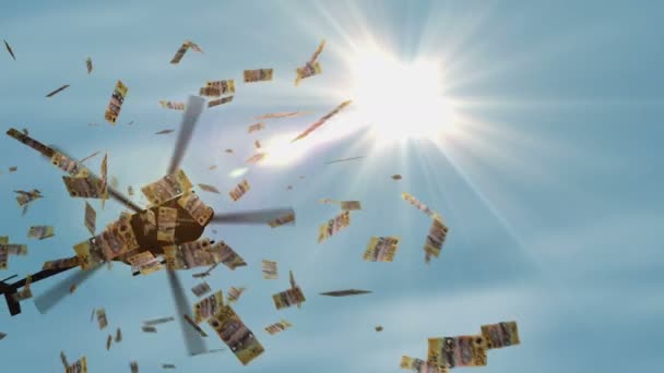 オーストラリアドル紙幣ヘリコプターのお金が落ちる オーストラリアのAud 50は インフレ 量的緩和の抽象的な3D概念に注目しています — ストック動画