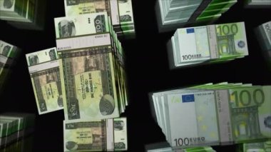 Euro ve Etiyopya Birr para değişimi. Kağıt banknotlar tomar tomar. Ticaret, ekonomi, rekabet, kriz, bankacılık ve finans kavramı. Döngüsüz 3D canlandırma notaları.