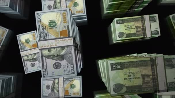Amerikaanse Dollar Ethiopië Birr Geld Wisselen Bankbiljetten Pakken Bundel Begrip — Stockvideo