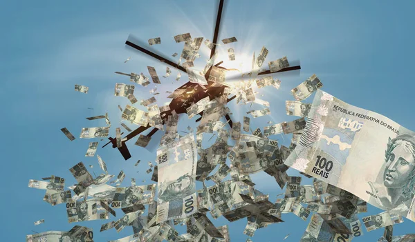 Brazil Real banknotes helicopter money dropping. Brazilian 100 BRL notes abstract 3d concept of inflation, money printing, finance, economy, crisis and quantitative easing illustration.