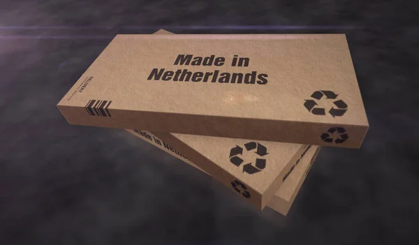 オランダのボックス生産ラインで作られました 製造と配送 製品工場 輸入と輸出 アブストラクトコンセプト3Dレンダリングイラスト — ストック写真