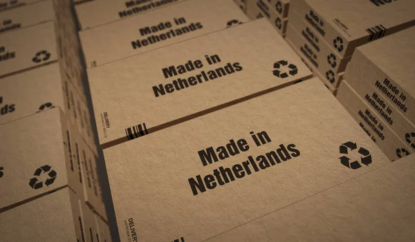 オランダのボックス生産ラインで作られました 製造と配送 製品工場 輸入と輸出 アブストラクトコンセプト3Dレンダリングイラスト — ストック写真