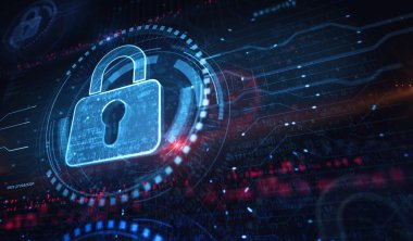 Asma kilit sembollü dijital konseptli siber güvenlik ve dijital bilgisayar koruması. Ağ, siber teknoloji ve bilgisayar arkaplanı soyut 3D resimleme.