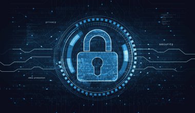 Asma kilit sembollü dijital konseptli siber güvenlik ve dijital bilgisayar koruması. Ağ, siber teknoloji ve bilgisayar arkaplanı soyut 3D resimleme.