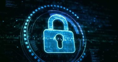 Asma kilit sembollü dijital konseptli siber güvenlik ve dijital bilgisayar koruması. Ağ, siber teknoloji ve bilgisayar arkaplanı soyut 3d canlandırması.