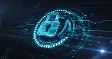 Asma kilit sembollü dijital konseptli siber güvenlik ve dijital bilgisayar koruması. Ağ, siber teknoloji ve bilgisayar geçmişi soyut 3D animasyon. Kusursuz ve döngüsüz.