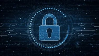Siber güvenlik ve dijital bilgisayar koruması ve asma kilit sembolü soyut dijital kavram. Ağ, siber teknoloji ve bilgisayar arkaplanı kusursuz ve döngülü animasyon.