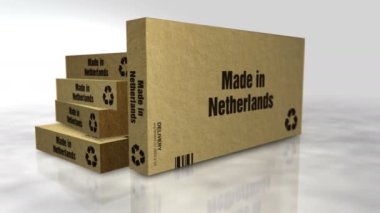 Hollanda yapımı kutu üretim hattı. Üretim ve teslimat. Ürün fabrikası, ithalat ve ihracat. Soyut konsept 3D çevrilebilir kusursuz animasyon. Yığınlar arasında uçan kamera.