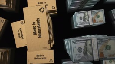 Hollanda 'da ABD Doları' nın para desteleriyle yapılmış. İhracat, ticaret, dağıtım, üretim, nakliyat, iş ve ithalat. Soyut konsept 3D döngüsüz dikişsiz animasyon.