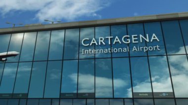Uçak Cartagena 3D 'ye iniyor. Cam havaalanı terminali ve jet uçağının yansımasıyla şehre vardık. Seyahat, iş, turizm ve ulaşım 3D konsepti.