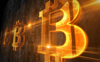 Bitcoin engelleme kripto para birimi ve dijital para sembolü dijital konsept. Ağ, siber teknoloji işareti ve bilgisayar arkaplan soyut 3d resimleme.