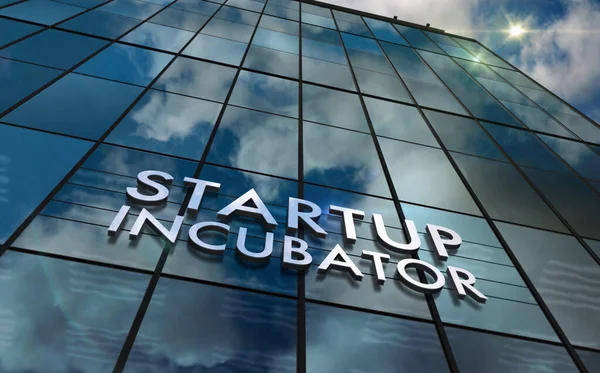 Startup incubator glass building concept. Business capital investment support and development symbol on front facade 3d illustration.