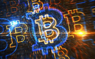 Bitcoin engelleme kripto para birimi ve dijital para sembolü dijital konsept. Ağ, siber teknoloji işareti ve bilgisayar arkaplan soyut 3d resimleme.