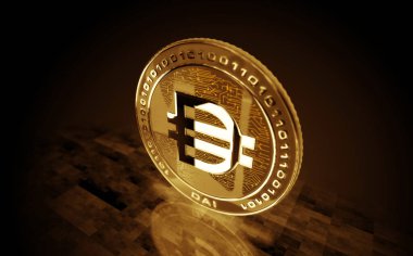 Dai ETH ahır bozuk para kripto altın para yeşil ekran arka planda. Soyut konsept 3d illüstrasyon.