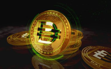 Dai ETH ahır bozuk para kripto altın para yeşil ekran arka planda. Soyut konsept 3d illüstrasyon.