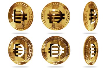 Dai ETH ahır bozuk para kripto para yeşil ekran arka planda izole altın sikke. Soyut konsept 3d illüstrasyon.