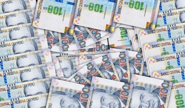 現金ファンモザイクパターンでペルーソル紙幣 ペルーペン100紙幣 経済装飾デザインの抽象概念背景3Dイラスト — ストック写真