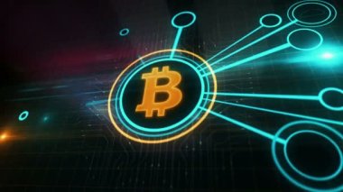 Bitcoin engelleme kripto para birimi ve dijital para sembolü dijital konsept. Siber teknoloji ve bilgisayar ağı arkaplanı soyut 3d canlandırması.
