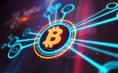 Bitcoin engelleme kripto para birimi ve dijital para sembolü dijital konsept. Ağ, siber teknoloji işareti ve bilgisayar arkaplan soyut 3d resimleme.