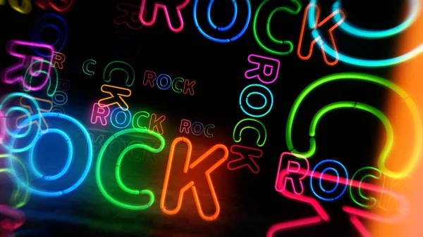 Rock neon symbol. Entertainment music event  light color bulbs. Abstract concept 3d illustration.