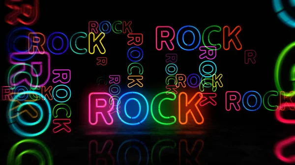 Rock Símbolo Neón Eventos Música Entretenimiento Bombillas Colores Concepto Abstracto — Foto de Stock