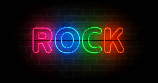 Rock Símbolo Neón Eventos Música Entretenimiento Bombillas Colores Concepto Abstracto — Foto de Stock