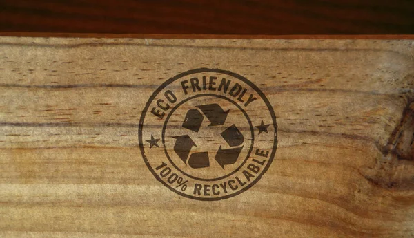 Selo Reciclagem Ecológico Impresso Caixa Madeira Ecologia Ambiental Conceito Negócio — Fotografia de Stock