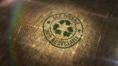 Doğal keten çuvalında çevre dostu geri dönüşüm damgası. Çevre ekolojisi ve sürdürülebilir iş dünyası 3D tasarımın soyut kavramını oluşturdu. Döngüsüz ve kusursuz animasyon.