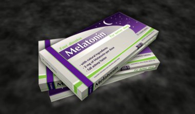 Melatonin tabletleri üretim hattı. Tıbbi uykusuzluk yardımı ve uykusuzluk ilacı fabrikası. Soyut konsept 3D resimleme.