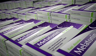 Melatonin tabletleri üretim hattı. Tıbbi uykusuzluk yardımı ve uykusuzluk ilacı fabrikası. Soyut konsept 3D resimleme.