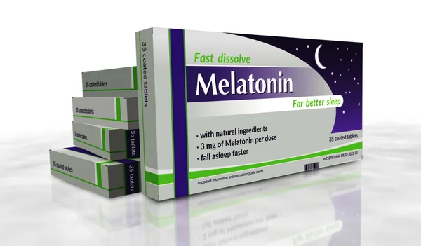 Stock image Melatonin tablets box production line. Medical sleeplessness help and insomnia remedy pills pack factory. Abstract concept 3d rendering illustration.