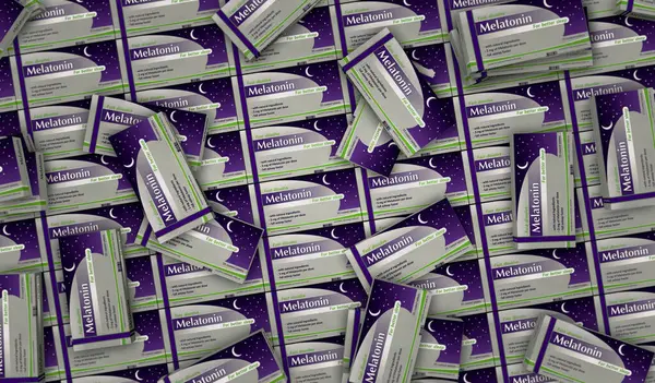 Výrobní Linka Krabičky Tablety Melatoninu Lékařská Nespavost Pomoc Nespavost Lék — Stock fotografie