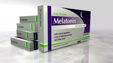 Melatonin tablet kutusu. Uykusuzluk ilacı ve uykusuzluk ilacı paketi. Animasyon oluşturan soyut bir kavram. Kamera hareket ederken 3 boyutlu görüntü.