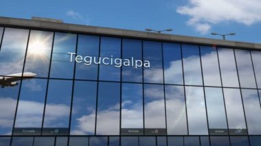 Honduras, Tegucigalpa 'ya uçak iniyor. Cam havaalanı terminali ve jet uçağının yansımasıyla şehre vardık. Seyahat, iş, turizm ve ulaşım 3D konsepti.