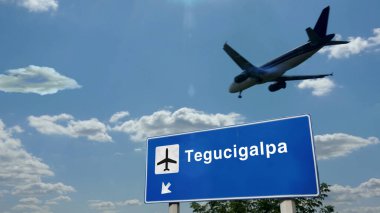 Uçak silueti Tegucigalpa, Honduras 'a iniyor. Uluslararası havaalanı yön tabelasıyla ve mavi gökyüzüyle şehrin gelişi. Seyahat, seyahat ve ulaşım konsepti 3D illüstrasyon.
