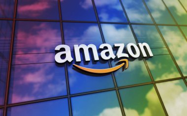 Seattle, ABD, 5 Nisan 2023: Amazon Şirketi 'nin cam bina konsepti. Ön cephede uluslararası perakende ve nakliye şirketi sembolü 3D illüstrasyon.