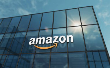 Seattle, ABD, 5 Nisan 2023: Amazon Şirketi 'nin cam bina konsepti. Ön cephede uluslararası perakende ve nakliye şirketi sembolü 3D illüstrasyon.