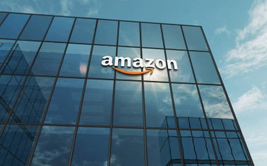 Seattle, ABD, 5 Nisan 2023: Amazon Şirketi 'nin cam bina konsepti. Ön cephede uluslararası perakende ve nakliye şirketi sembolü 3D illüstrasyon.