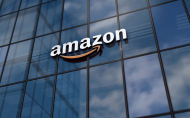 Seattle, ABD, 5 Nisan 2023: Amazon Şirketi 'nin cam bina konsepti. Ön cephede uluslararası perakende ve nakliye şirketi sembolü 3D illüstrasyon.