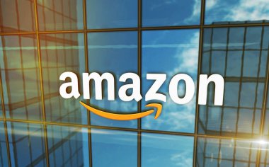 Seattle, ABD, 5 Nisan 2023: Amazon Şirketi 'nin cam bina konsepti. Ön cephede uluslararası perakende ve nakliye şirketi sembolü 3D illüstrasyon.