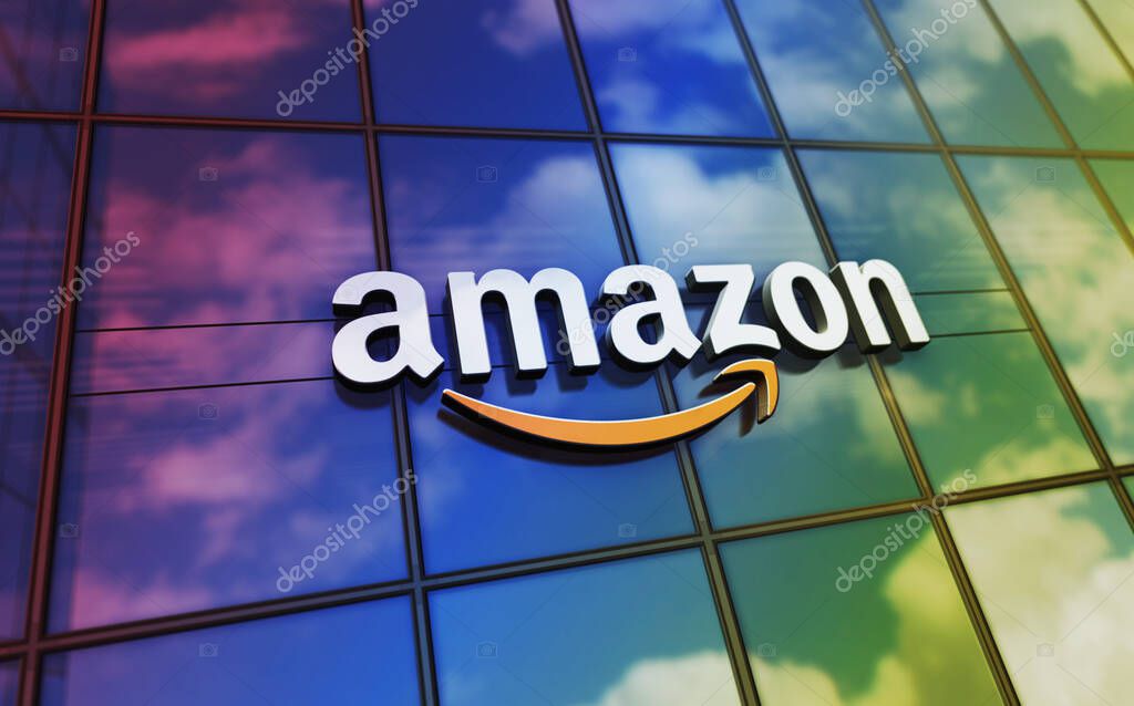 Seattle, USA, April 5, 2023: Amazon corporation headquarters glass building concept. International retail and shipping company symbol on front facade 3d illustration.